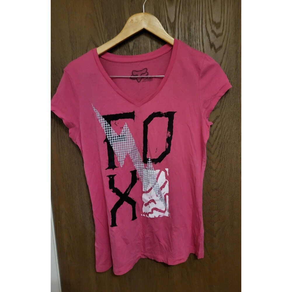 Women's Fox Riders Co. Logo V-Neck Hot Pink Graphic T-Shirt Size XL